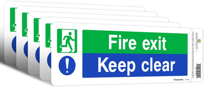 SAFETYKING® 5 Piece Fire Exit Keep Clear Sticker | 30 cm x 10 cm Self Adhesive Sticker | Fire Exit Signs | Fire Exit Stickers | Fire Exit Safety Pack | Running Man Fire Exit Sign