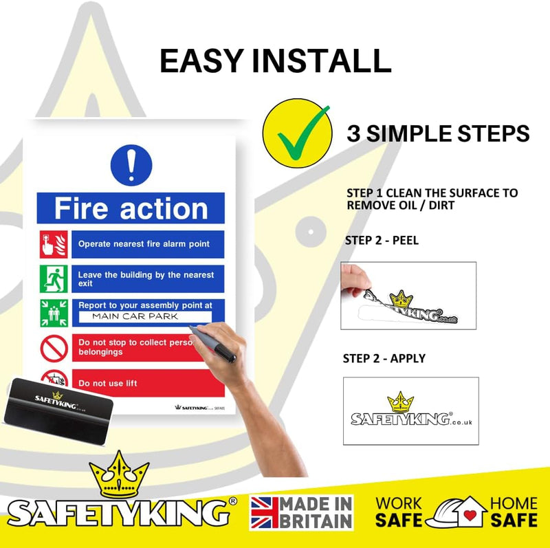 Load image into Gallery viewer, SAFETYKING® FIRE ACTION STICKER KIT - 12 Piece Set with Squeegee and Marker Pen | Fire Action Notice | Fire Action Sign | Fire Action Stickers | Fire Stickers
