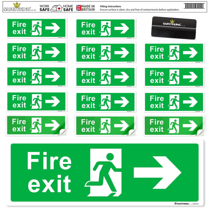 SAFETYKING® 16 Piece Fire Exit Signs | Running Man RightFire Exit Sign | 30 cm x 10 cm Self Adhesive Sticker | Fire Exit Signs | Fire Exit Stickers | Fire Exit Safety Pack | Running Man Fire Exit Sign