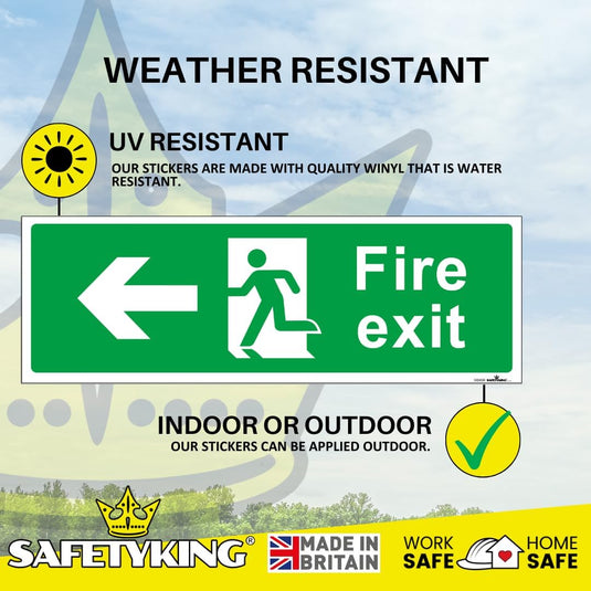 SAFETYKING® 1 Piece Fire Exit Sticker Running Man Down Left Sticker | 30 cm x 10 cm Self Adhesive Sticker | Fire Exit Signs | Fire Exit Stickers | Fire Exit Safety Pack | Running Man Fire Exit Signs