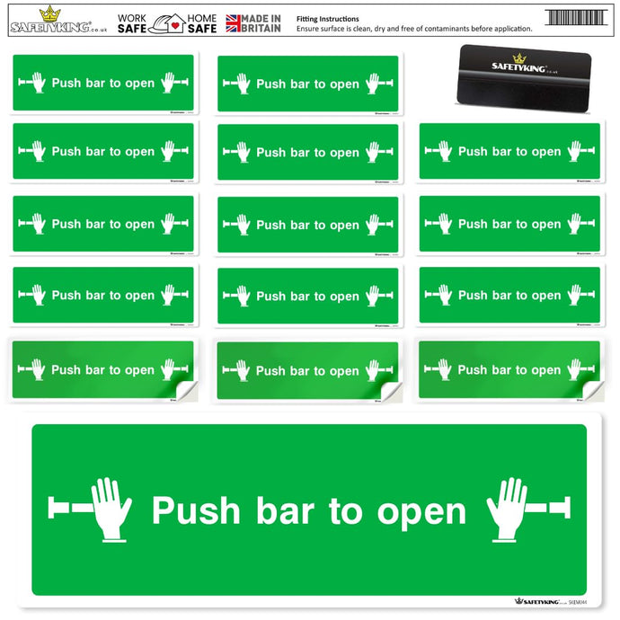 SAFETYKING® 16 Piece Fire Exit Signs | Push Bar To Exit | 30 cm x 10 cm Self Adhesive Sticker | Fire Exit Signs | Fire Exit Stickers | Fire Exit Safety Pack | Running Man Fire Exit Sign