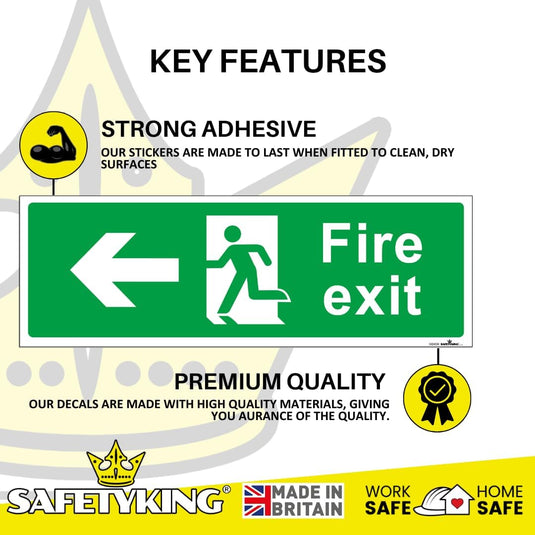 SAFETYKING® 1 Piece Fire Exit Sticker Running Man Down Left Sticker | 30 cm x 10 cm Self Adhesive Sticker | Fire Exit Signs | Fire Exit Stickers | Fire Exit Safety Pack | Running Man Fire Exit Signs