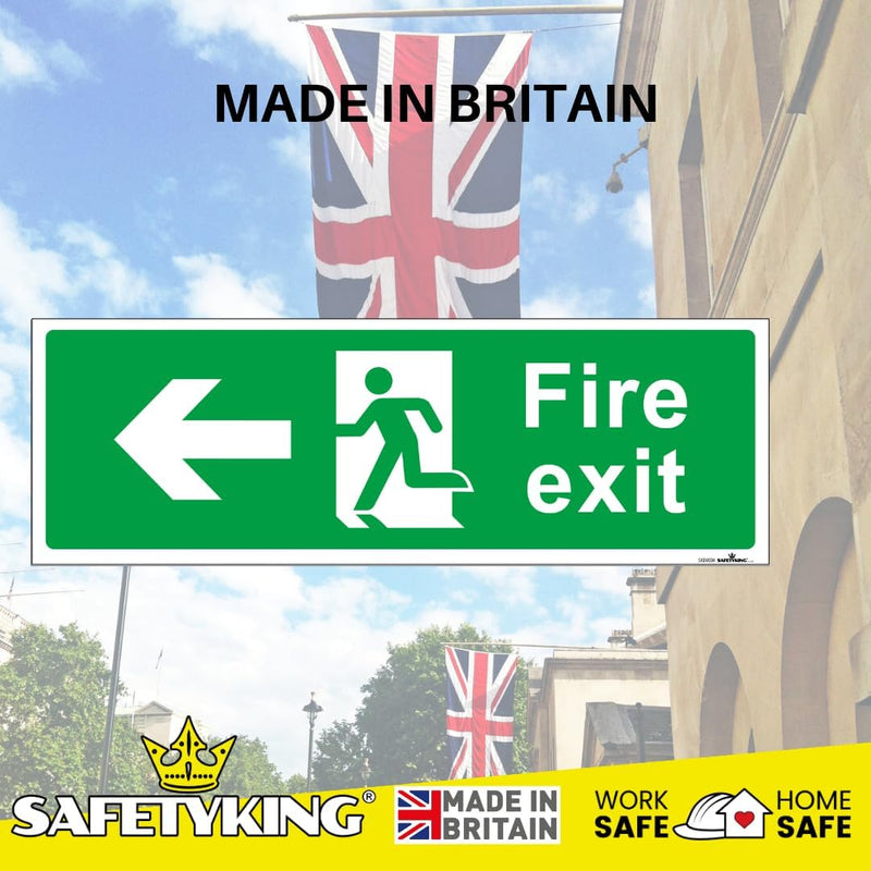 Load image into Gallery viewer, SAFETYKING® 1 Piece Fire Exit Sticker Running Man Down Left Sticker | 30 cm x 10 cm Self Adhesive Sticker | Fire Exit Signs | Fire Exit Stickers | Fire Exit Safety Pack | Running Man Fire Exit Signs
