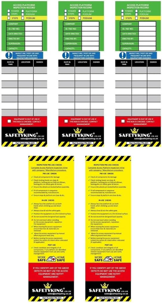 SAFETYKING® 5 Access Platform Inspection Tag Inserts - Access Equipment Tag Kit Inserts | Robust Access Equipment Tag Inserts | High Visibility Access Equipment Inspection Tag Inserts