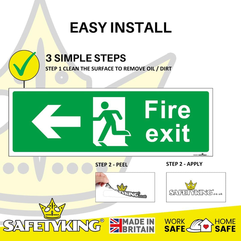 Load image into Gallery viewer, SAFETYKING® 1 Piece Fire Exit Sticker Running Man Down Left Sticker | 30 cm x 10 cm Self Adhesive Sticker | Fire Exit Signs | Fire Exit Stickers | Fire Exit Safety Pack | Running Man Fire Exit Signs
