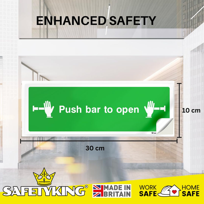 Load image into Gallery viewer, SAFETYKING® 16 Piece Fire Exit Signs | Push Bar To Exit | 30 cm x 10 cm Self Adhesive Sticker | Fire Exit Signs | Fire Exit Stickers | Fire Exit Safety Pack | Running Man Fire Exit Sign
