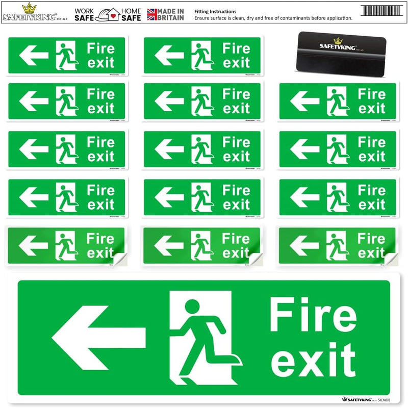 Load image into Gallery viewer, SAFETYKING® 16 Piece Fire Exit Signs | Running Man Left Fire Exit Sign | 30 cm x 10 cm Self Adhesive Sticker | Fire Exit Signs | Fire Exit Stickers | Fire Exit Safety Pack | Running Man Fire Exit Sign
