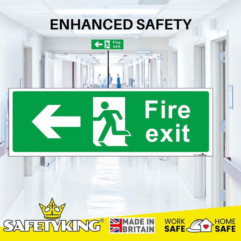 Load image into Gallery viewer, SAFETYKING® 1 Piece Fire Exit Sticker Running Man Down Left Sticker | 30 cm x 10 cm Self Adhesive Sticker | Fire Exit Signs | Fire Exit Stickers | Fire Exit Safety Pack | Running Man Fire Exit Signs
