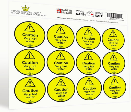 SAFETYKING® 12 x Caution Hot Water Stickers 68mm Diameter | Caution Very Hot Water Stickers | Caution Hot Water Signs | Caution Hot Very Hot Water Signs | Hot Water Sticker | Hot Water Sign