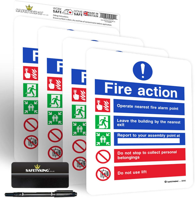 SAFETYKING® FIRE ACTION STICKER KIT - 4 Piece Set with Squeegee and Marker Pen | Fire Action Notice | Fire Action Sign | Fire Action Stickers | Fire Stickers