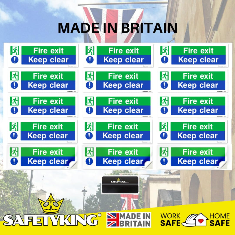 Load image into Gallery viewer, SAFETYKING® 16 Piece Fire Exit Signs | Fire Exit Keep Clear Sticker | 30 cm x 10 cm Self Adhesive Sticker | Fire Exit Signs | Fire Exit Stickers | Fire Exit Safety Pack | Running Man Fire Exit Sign
