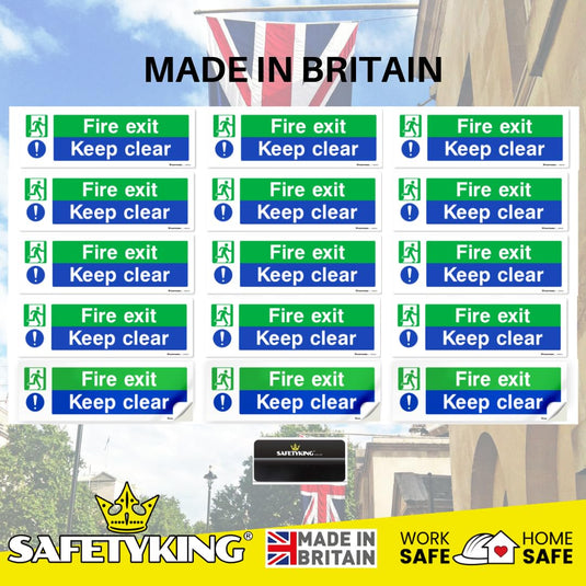 SAFETYKING® 16 Piece Fire Exit Signs | Fire Exit Keep Clear Sticker | 30 cm x 10 cm Self Adhesive Sticker | Fire Exit Signs | Fire Exit Stickers | Fire Exit Safety Pack | Running Man Fire Exit Sign