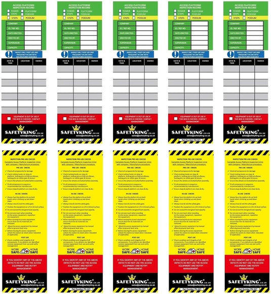 SAFETYKING® 10 Access Platform Tag Inserts - Access Equipment Tag Kit Inserts | Robust Access Equipment Tag Inserts | High Visibility Access Equipment Inspection Tag Inserts | Access Equipment tag