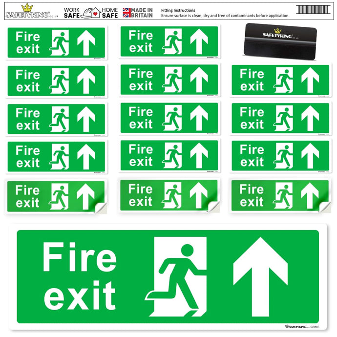 SAFETYKING® 16 Piece Fire Exit Signs | Running Man Up Fire Exit Sign | 30 cm x 10 cm Self Adhesive Sticker | Fire Exit Signs | Fire Exit Stickers | Fire Exit Safety Pack | Running Man Fire Exit Sign