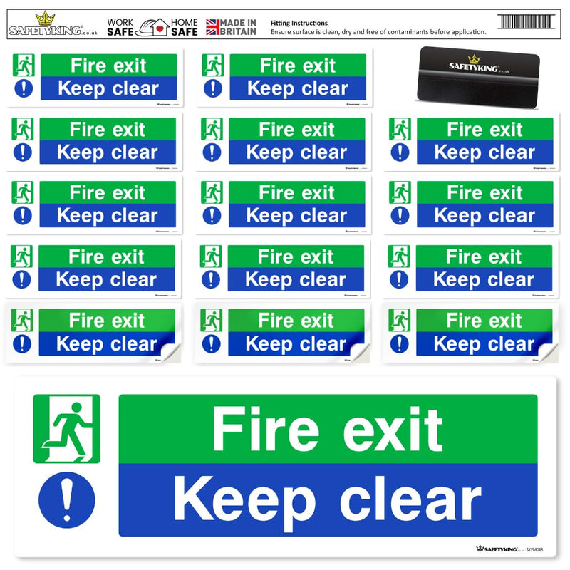 Load image into Gallery viewer, SAFETYKING® 16 Piece Fire Exit Signs | Fire Exit Keep Clear Sticker | 30 cm x 10 cm Self Adhesive Sticker | Fire Exit Signs | Fire Exit Stickers | Fire Exit Safety Pack | Running Man Fire Exit Sign
