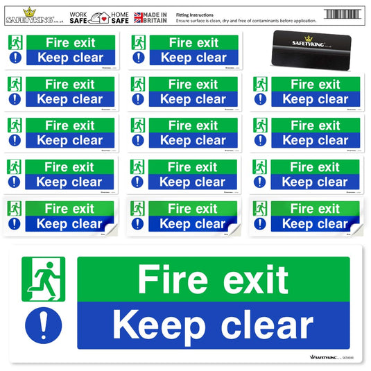 SAFETYKING® 16 Piece Fire Exit Signs | Fire Exit Keep Clear Sticker | 30 cm x 10 cm Self Adhesive Sticker | Fire Exit Signs | Fire Exit Stickers | Fire Exit Safety Pack | Running Man Fire Exit Sign