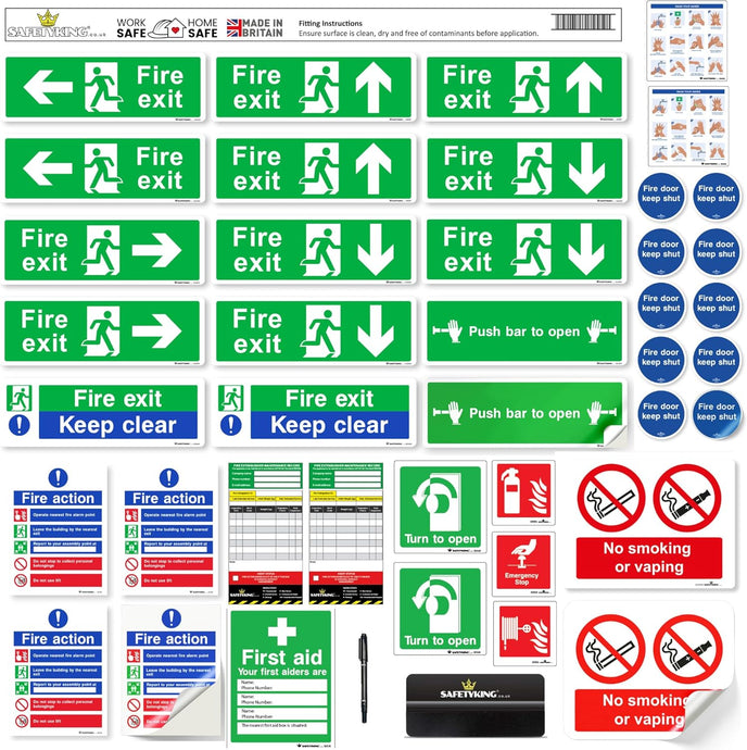 SAFETYKING® 33 Piece Fire Safety Signage Kit | Fire Exit Signs 30cm x 10cm | Self Adhesive Stickers | Fire Exit Signs | Fire Exit Stickers | Fire Exit Safety Pack | Fire Exit Keep Clear sign