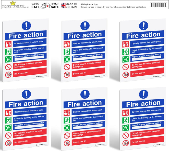 SAFETYKING® 6 pcs Fire Action Notice 1mm PVC Signs -L 20cm x W 15cm x H 1mm | Fire Action Notice | Fire Action Sign | Fire Action Stickers | Fire Stickers | Fire Safety Signs