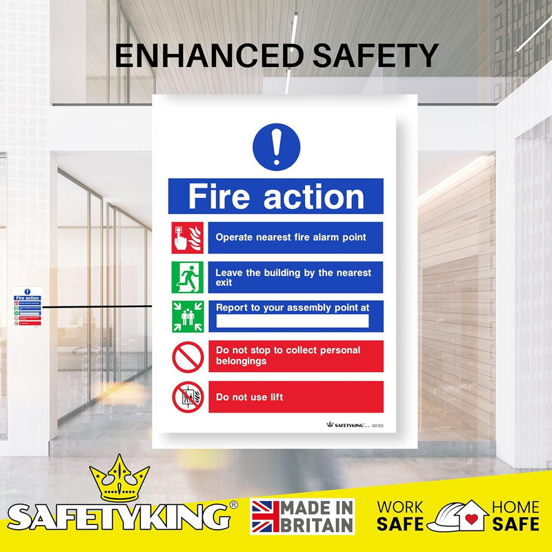 Load image into Gallery viewer, SAFETYKING® FIRE ACTION STICKER KIT - 4 Piece Set with Squeegee and Marker Pen | Fire Action Notice | Fire Action Sign | Fire Action Stickers | Fire Stickers
