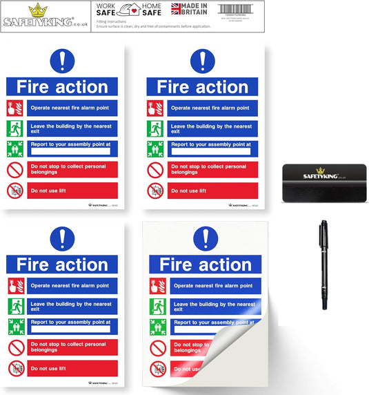 SAFETYKING® FIRE ACTION STICKER KIT - 4 Piece Set with Squeegee and Marker Pen | Fire Action Notice | Fire Action Sign | Fire Action Stickers | Fire Stickers