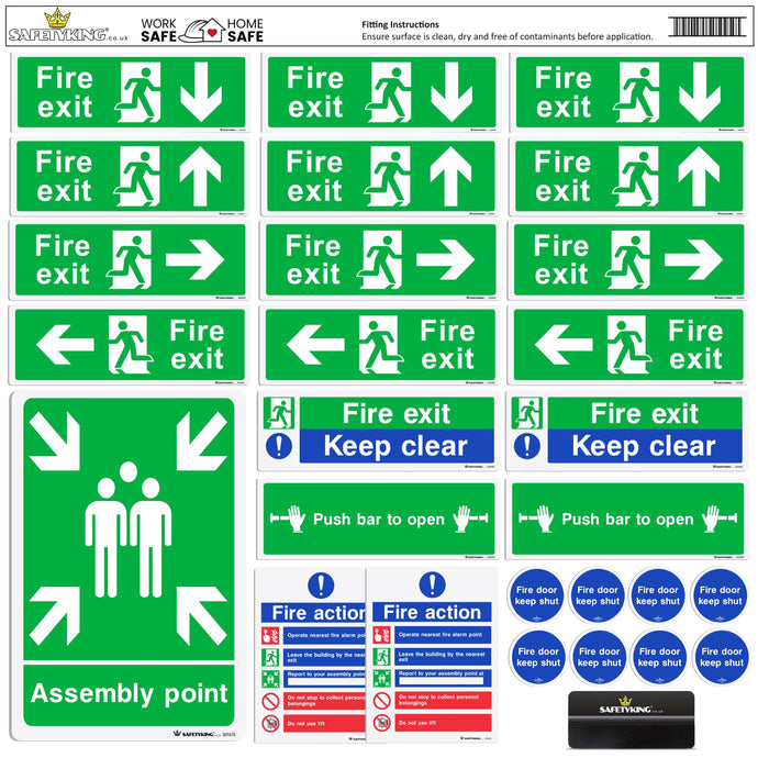 SAFETYKING® 28 Piece Fire Safety Signs Kit | Fire Exit Signs | Self Adhesive Stickers | Fire Exit Signs | Fire Exit Stickers | Fire Exit Safety Pack | Fire Exit Keep Clear sign