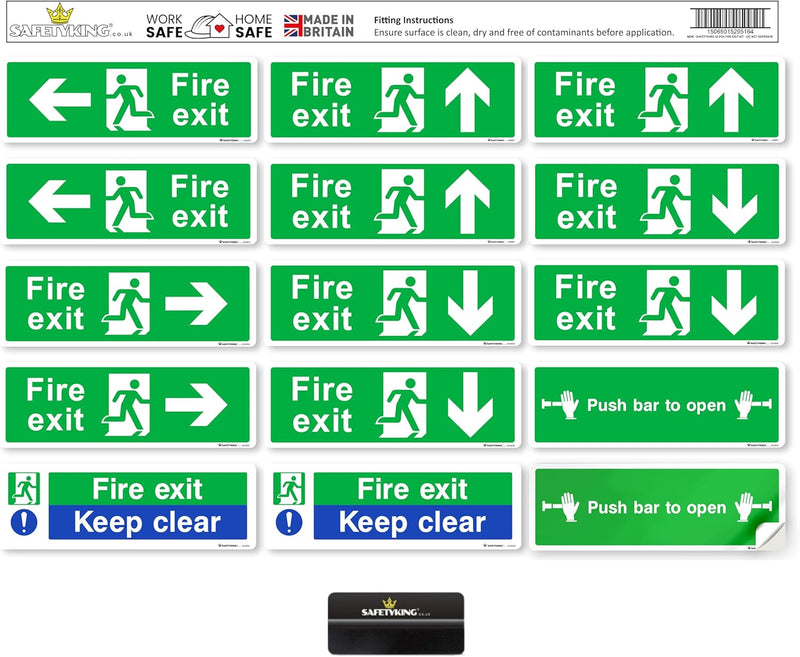 Load image into Gallery viewer, SAFETYKING® 16 Piece Fire Exit Signage kit 30cm x 10cm | Self Adhesive Stickers | Fire Exit Signs | Fire Exit Stickers | Fire Exit Safety Pack | Fire Exit Keep Clear sign | Running Man Fire Exit Signs
