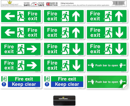 SAFETYKING® 16 Piece Fire Exit Signage kit 30cm x 10cm | Self Adhesive Stickers | Fire Exit Signs | Fire Exit Stickers | Fire Exit Safety Pack | Fire Exit Keep Clear sign | Running Man Fire Exit Signs