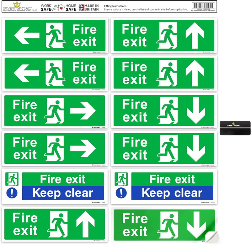 Load image into Gallery viewer, SAFETYKING® 16 Piece Fire Exit Signage kit 30cm x 10cm | Self Adhesive Stickers | Fire Exit Signs | Fire Exit Stickers | Fire Exit Safety Pack | Fire Exit Keep Clear sign | Running Man Fire Exit Signs
