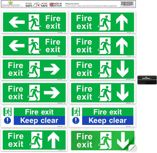 SAFETYKING® 16 Piece Fire Exit Signage kit 30cm x 10cm | Self Adhesive Stickers | Fire Exit Signs | Fire Exit Stickers | Fire Exit Safety Pack | Fire Exit Keep Clear sign | Running Man Fire Exit Signs