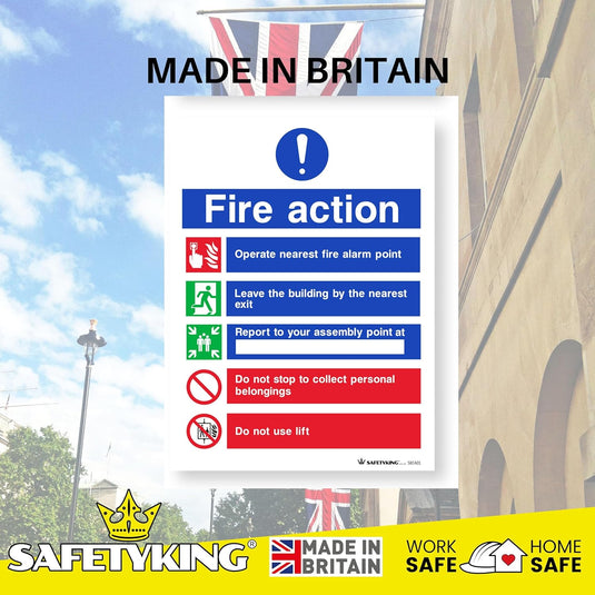 SAFETYKING® FIRE ACTION STICKER KIT - 4 Piece Set with Squeegee and Marker Pen | Fire Action Notice | Fire Action Sign | Fire Action Stickers | Fire Stickers