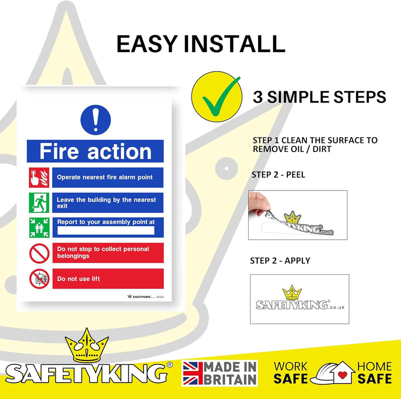 Load image into Gallery viewer, SAFETYKING® FIRE ACTION STICKER KIT - 4 Piece Set with Squeegee and Marker Pen | Fire Action Notice | Fire Action Sign | Fire Action Stickers | Fire Stickers
