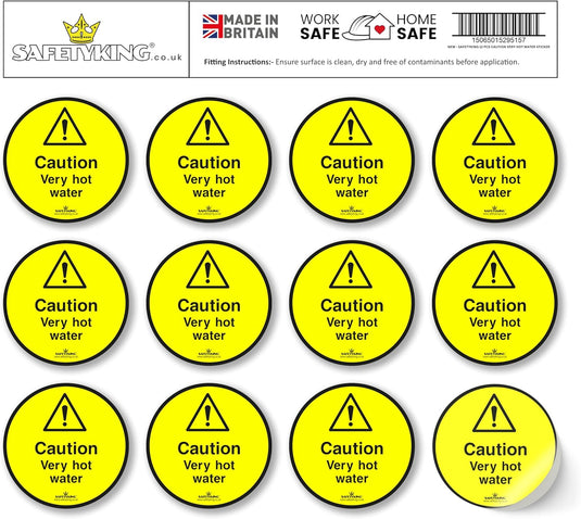 SAFETYKING® 12 x Caution Hot Water Stickers 68mm Diameter | Caution Very Hot Water Stickers | Caution Hot Water Signs | Caution Hot Very Hot Water Signs | Hot Water Sticker | Hot Water Sign