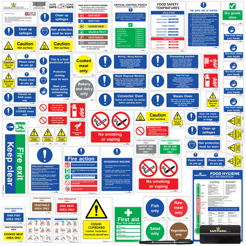 Load image into Gallery viewer, SAFETYKING® 75 Piece Kitchen Safety Signs plus squeegee to install | Kitchen Safety Signage Kit | Kitchen Sign | Kitchen Signs | Kitchen Stickers | Kitchen hygiene Signs | Food hygiene stickers
